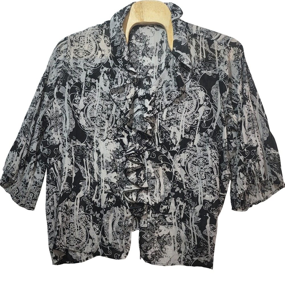 Maggie Barnes Black White Paisley Ruffle Front 3/4 Sleeve Sheer‎ Blouse Top